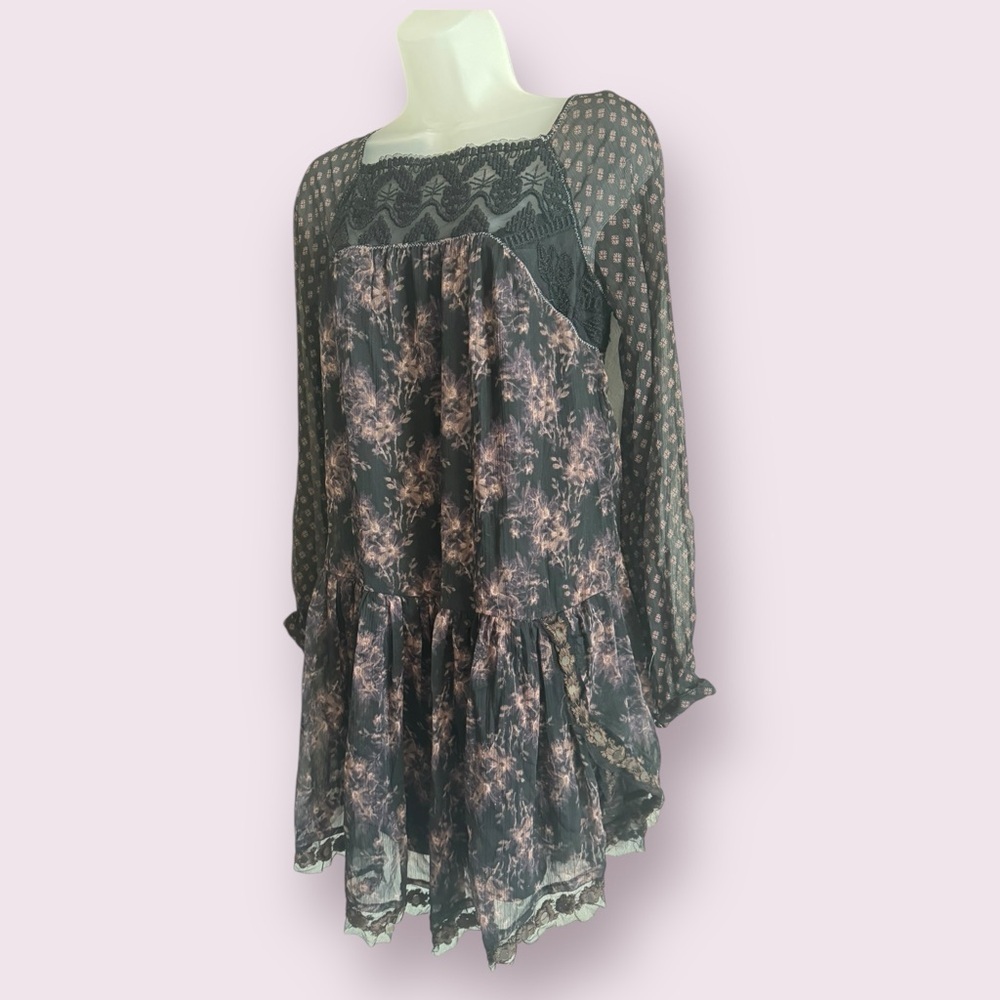 Free People Floral Lace Mini Dress Sheer Polka Dot Babydoll Cottagecore Size XS - Picture 5 of 10